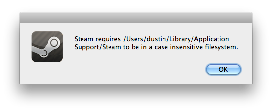 Steam claiming that it requires a case-insensitive volume.